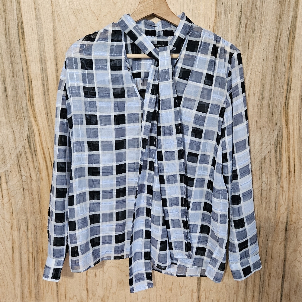 Ann Taylor Tie Neck Blue Plaid Long Sleeve Semi Sheer  Chiffon Blouse Wmns Sz XS